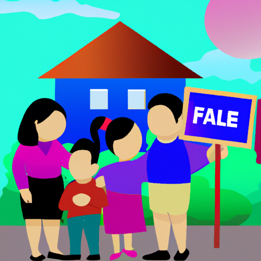 איור של משפחה מול בית עם שלט 'למכירה'